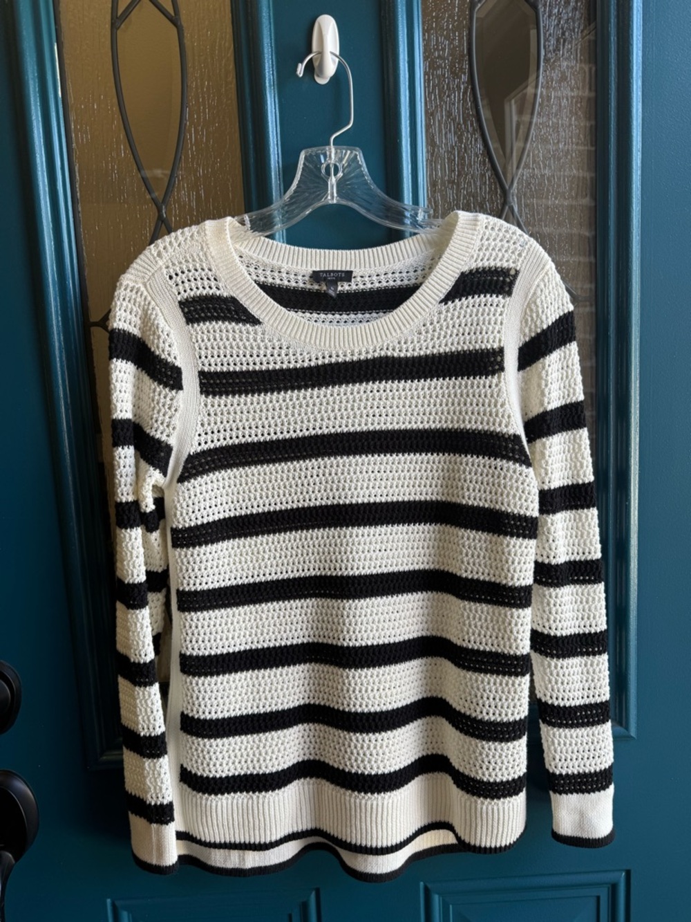 Talbots Black and Cream Striped Open-Knit Crew Sweater